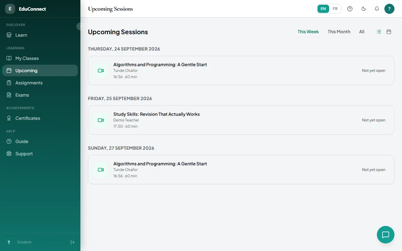 The Upcoming Sessions page